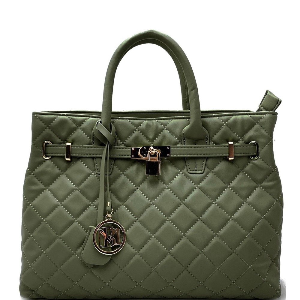 Badgley Mischka Quilted Tote Bag In Olive with Gold Hardware NWT